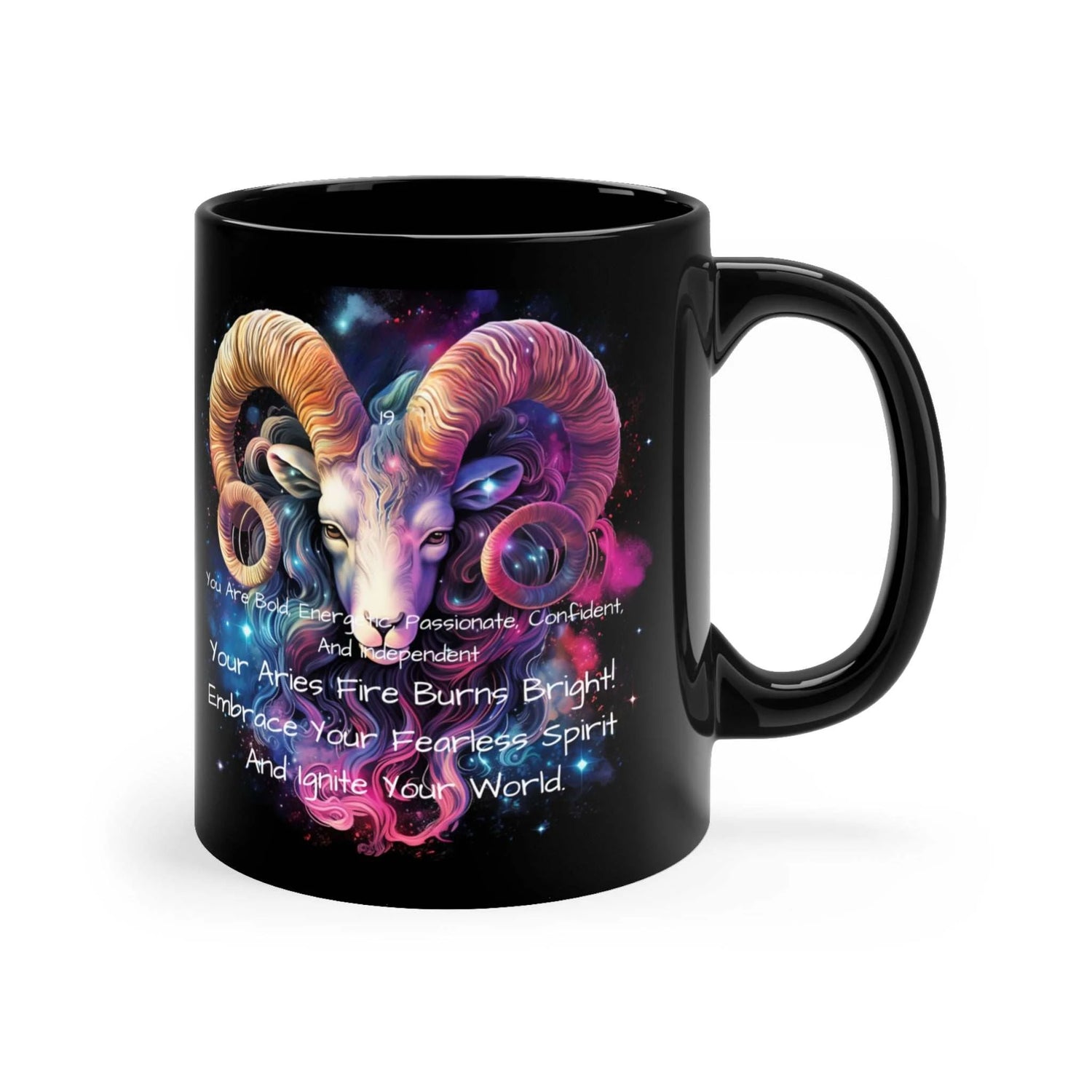 front view of zodiac coffee mug with aries depicted