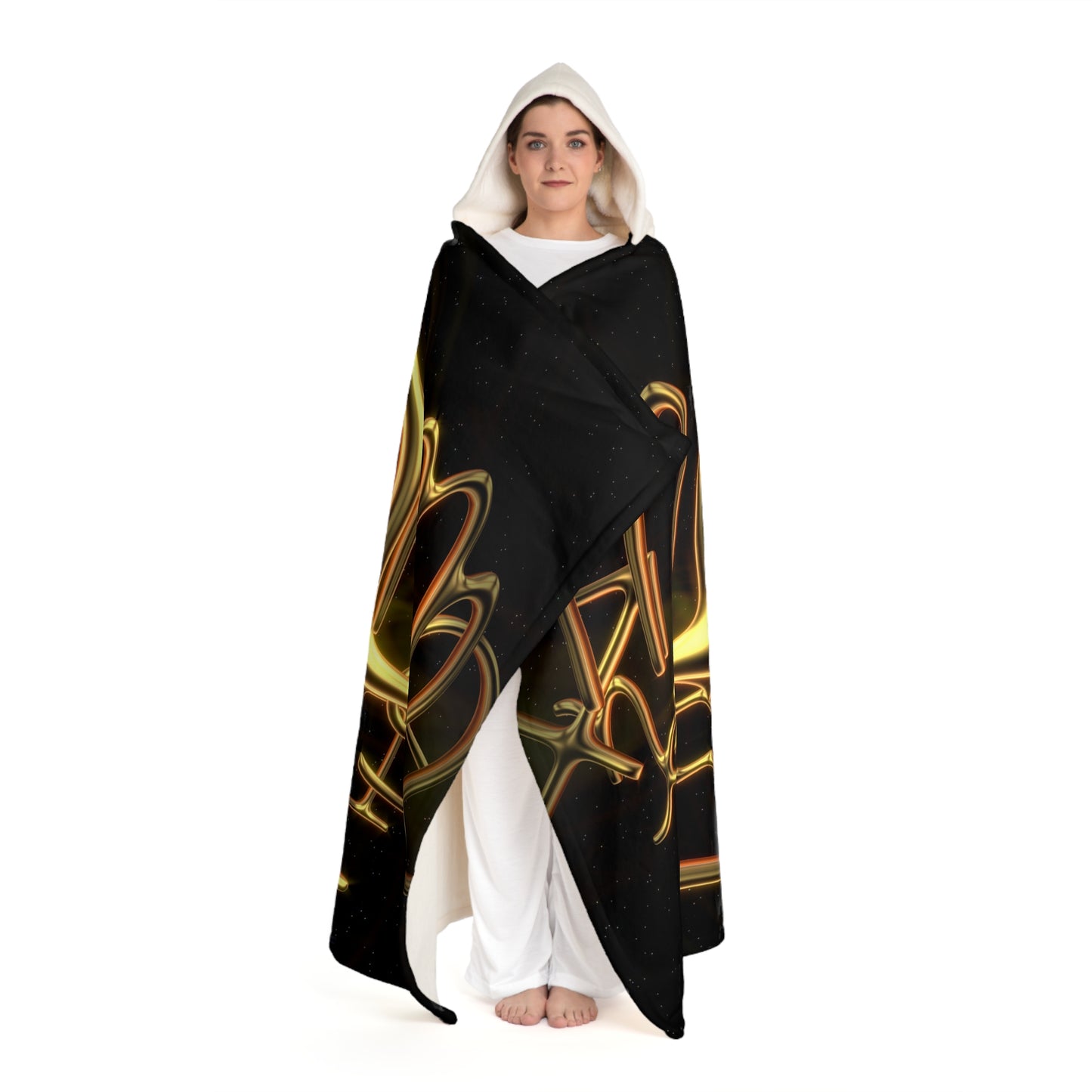 a person wrapped in the Zodiac Hooded Sherpa Fleece wearable Blanket:  Libra