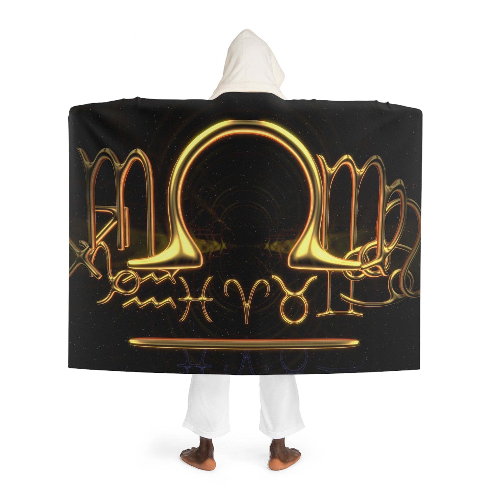 the back view the the zodiac sherpa lined wearable blanket with gold libra sign