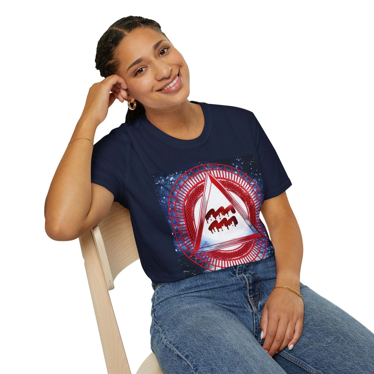 woman sitting wearing aquarius zodiac t-shirt