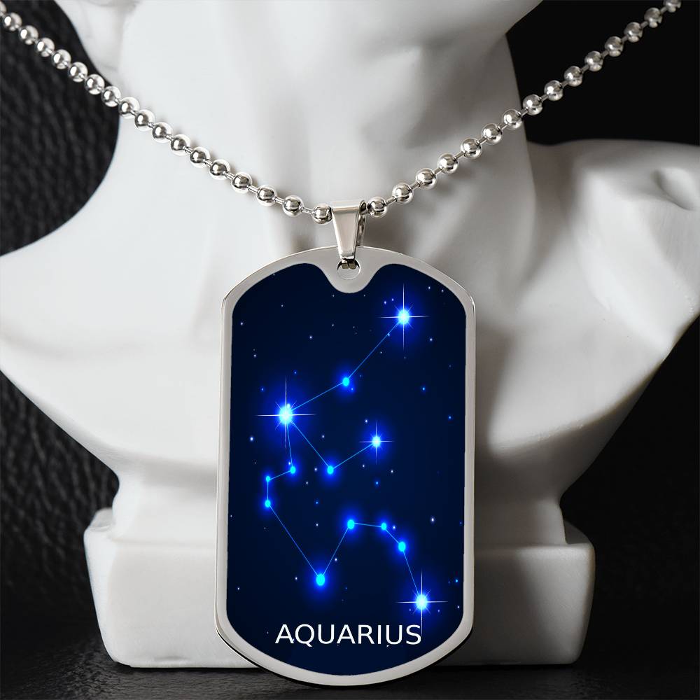 aquarius blue constellation necklace hanging in front of a white bust