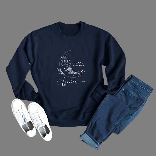 blue sweatshirt with aquarius graphic