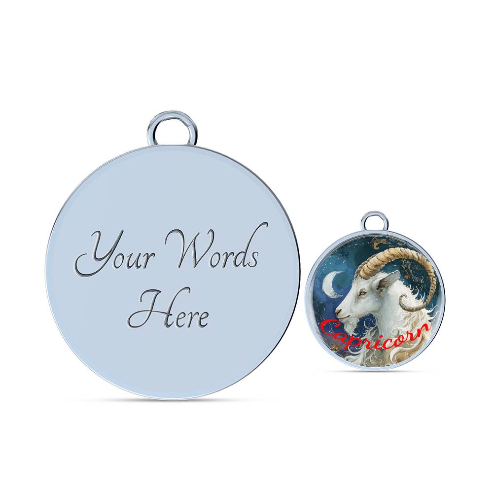Two round keychains are shown. One features a customizable text area on a silver background that reads "Your Words Here" in elegant script, perfect for custom engraving. The other displays an illustration of a Capricorn symbol, a goat with horns, against a starry night sky with the word "Capricorn" in red. These designs can also be found on the Capricorn Zodiac Bangle Bracelet With Optional Personalization by ShineOn Fulfillment.