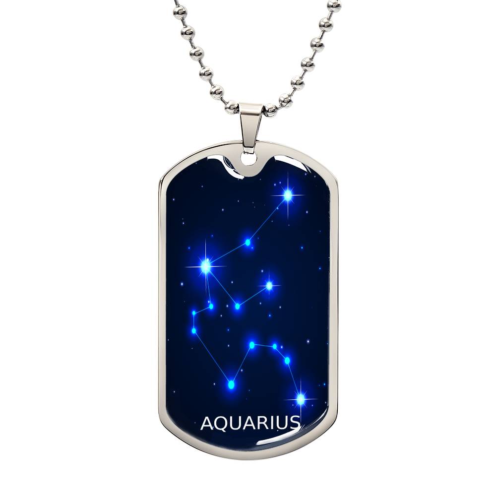  silver Aquarius Constellation Dog Tags with blue background