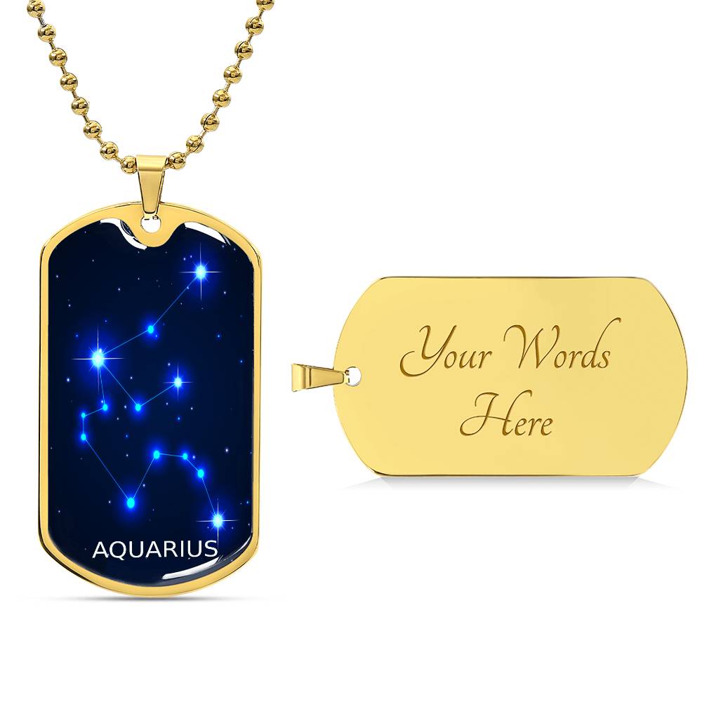  silver Aquarius Constellation Dog Tags with blue background and backside for engraving