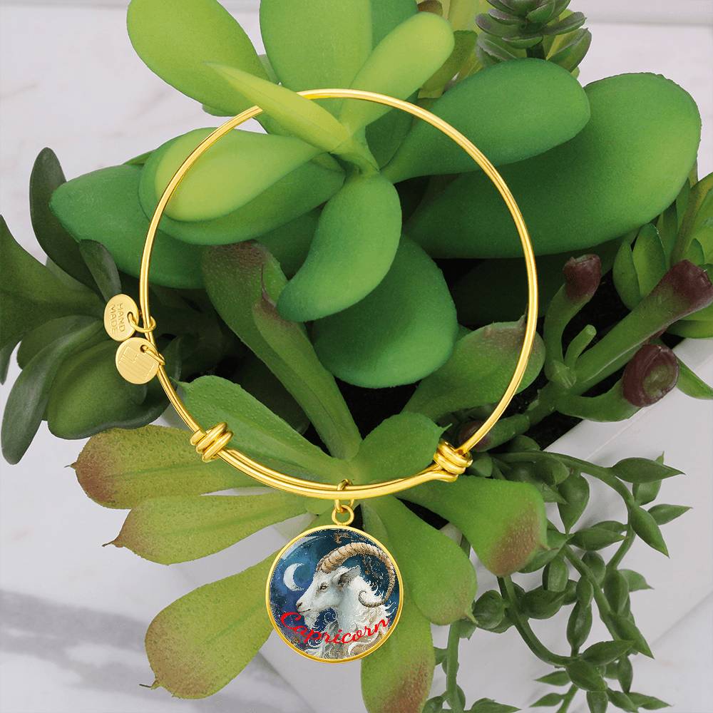 A Capricorn Zodiac Bangle Bracelet With Optional Personalization by ShineOn Fulfillment is displayed on top of a green succulent plant. The bracelet features a circular charm with an image of a goat and the word "Capricorn" written in red. Two small round charms are also attached to this piece of personalized jewelry.