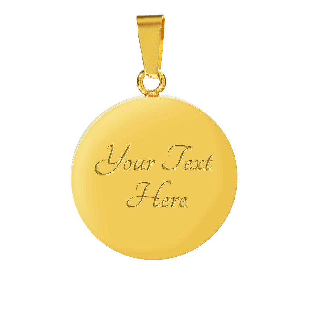 A gold circular pendant with an engravable surface hangs from a gold loop, perfect for personalized jewelry. The surface of the pendant displays the placeholder text "Your Text Here" in elegant, cursive script. Pair it beautifully with a ShineOn Fulfillment Aquarius Zodiac Bangle Bracelet | Personalized Zodiac Bangle for a complete look.