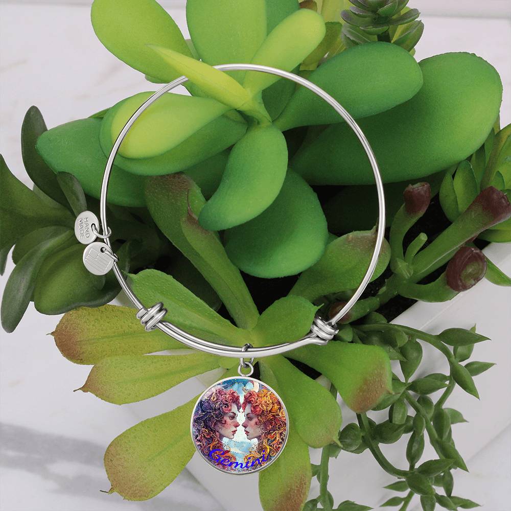 A silver bracelet with an 18k gold finish and a round "Gemini" charm featuring a colorful cat illustration sits draped over a green succulent plant in a white pot. The Gemini Zodiac Bangle Bracelet With Optional Personalization by ShineOn Fulfillment displays vibrant purple, orange, and blue hues, contrasting with the fresh green leaves of the succulent.