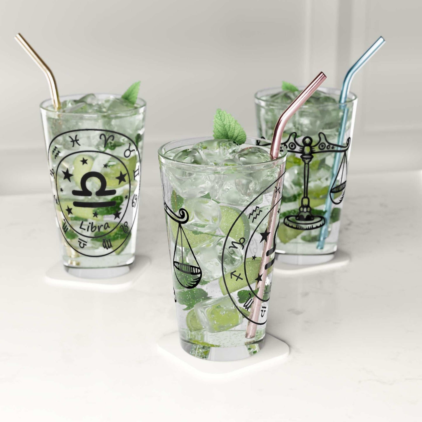 libra 16oz pint glasses-3 glasses at different angles