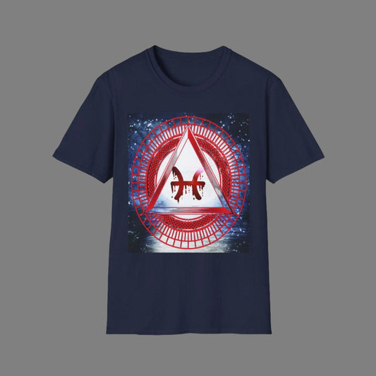 blue shirt with bloddy pisces glyph inside a triangle and circle